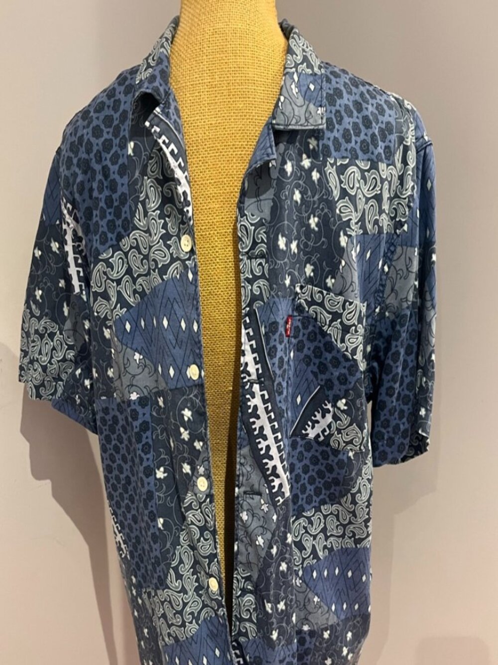 Levis Mens Small Relaxed Blue Patchwork Bandana Paisley Camp Shirt Lyocell